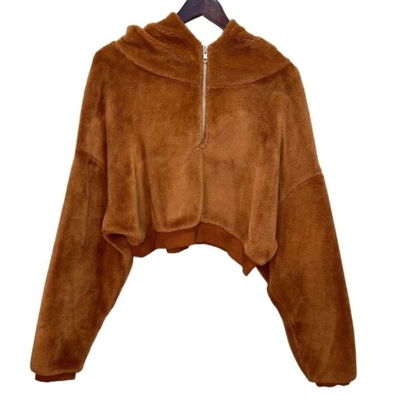 Urban Outfitters BDG Brown Cropped Teddy 1/4 Zip Hooded Sweater Size M - Picture 2 of 11